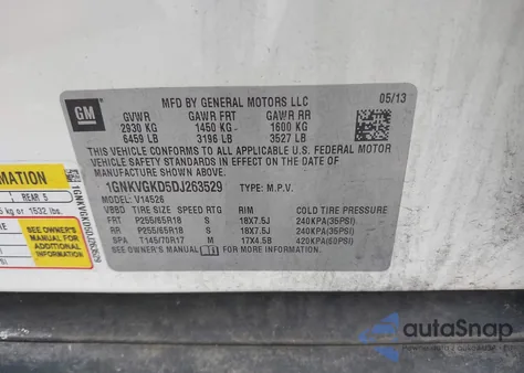 2013 Chevrolet Traverse 1Lt from USA, damaged, VIN 1GNKVGKD5DJ263529